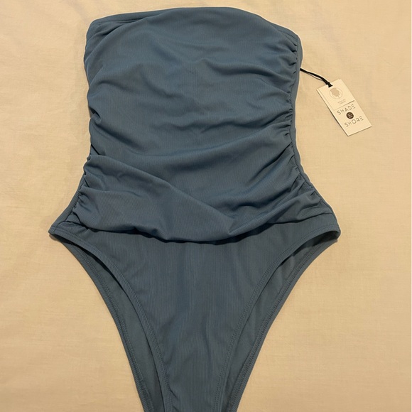 Women's Shirred Ribbed Bandeau Cheeky One Piece Swimsuit - Shade & Shore™ - Picture 3 of 6